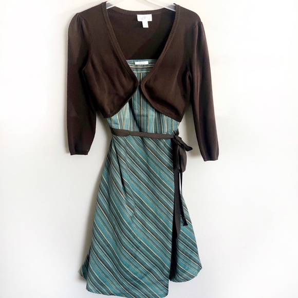 LOFT Dresses & Skirts - Vintage Y2K LOFT Midi Dress Diagonal Stripes Two Piece Sweater Set Brown Green 6